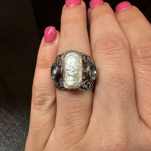 Genuine pearl and blue topaz in sterling silver ring! - Picture 2 of 13